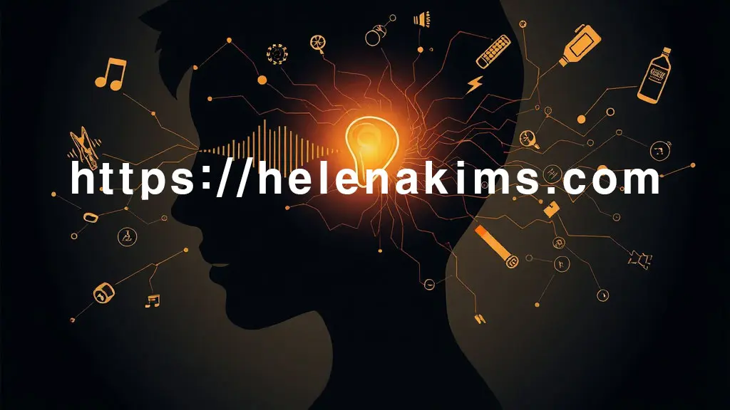 귀 주변으로 미세한 소음 파동, 스트레스를 상징하는 복잡한 선, 혈관 패턴, 스마트폰 및 담배/술 아이콘 등 이명을 유발하는 다양한 외부 및 내부 요인들이 섬세하고 추상적으로 배열된 그래픽 이미지.