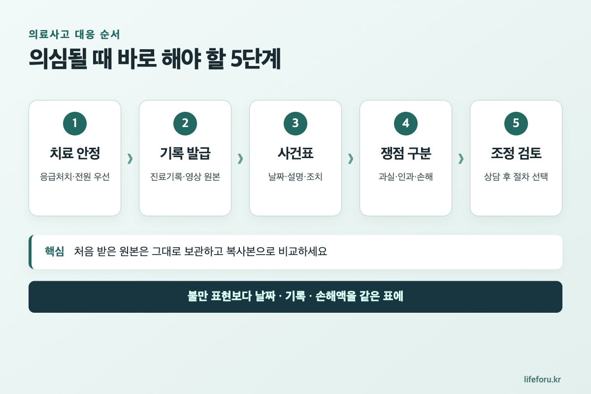 의료과실 의심될 때 먼저 할 일｜진료기록 발급·분쟁조정 신청 순서 핵심 내용 요약 이미지
