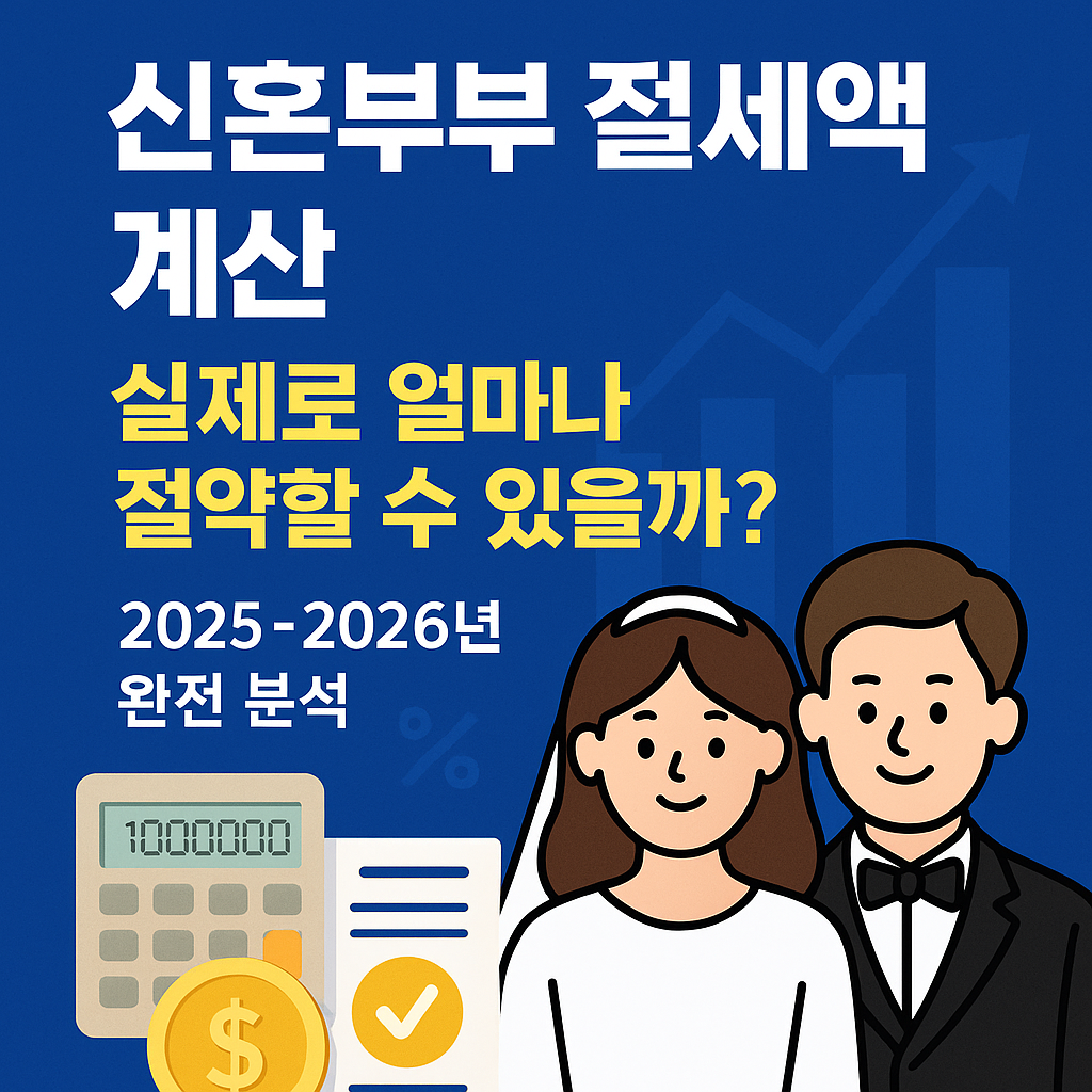 신혼부부 절세액 계산 안내 이미지. &lsquo;신혼부부 절세액 계산 &mdash; 실제로 얼마나 절약할 수 있을까? 2025~2026년 완전 분석&rsquo; 문구와 함께 계산기, 서류, 동전 아이콘 및 신혼부부 일러스트가 포함된 인포그래픽