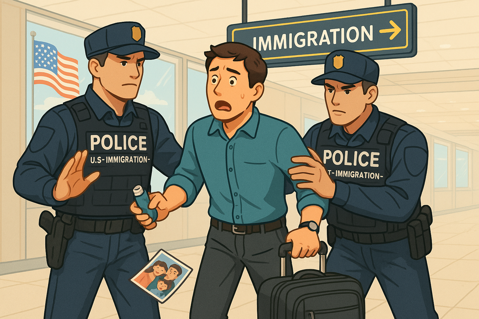이민국 직원 2명이 동양인을 끌고가는 모습을 표현한 일러스트