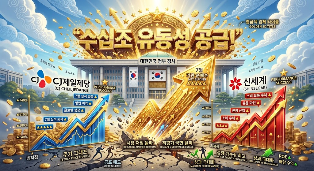 대한민국 정부 청사 배경 위로 "수십조 유동성 공급!"이라는 강렬한 황금색 입체 타이틀이 박혀 있고, 그 아래로 7월 기관 순매수 화살표가 CJ제일제당과 신세계 주가 그래프를 바닥에서부터 강력하게 밀어 올리는 3D 하이엔드 수급 인포그래픽 이미지.