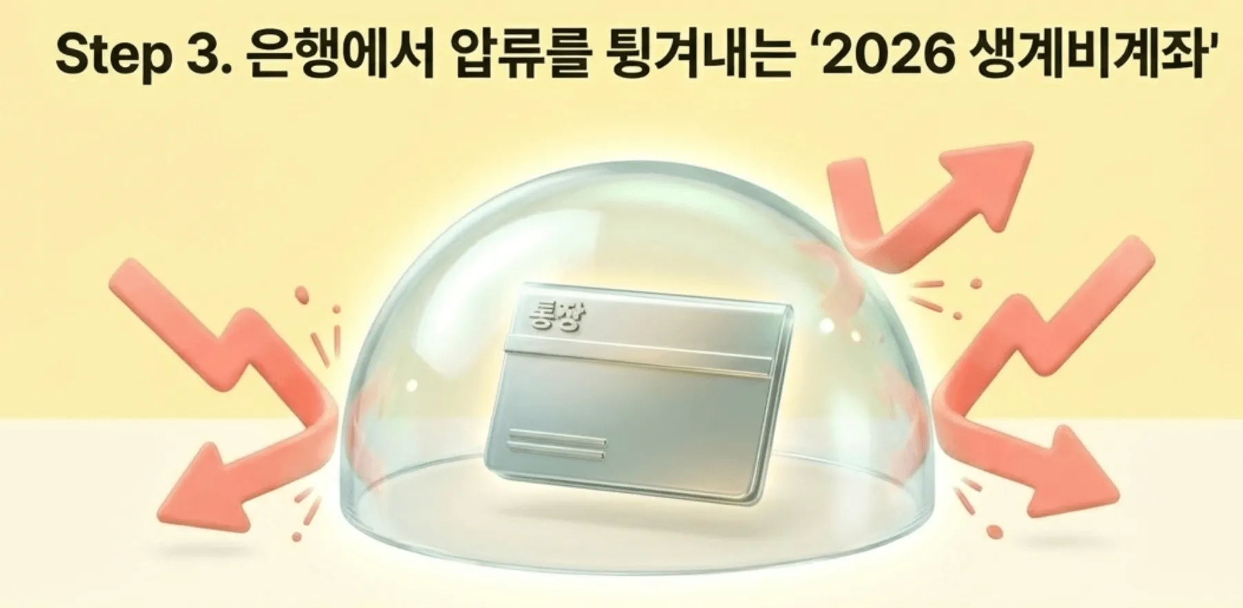 통장 압류 해제 방법: 3단계 대응법인 '2026 생계비계좌'의 압류 방어 원리를 시각화한 일러스트입니다. 중앙에 놓인 통장을 투명하고 단단한 둥근 보호막이 감싸고 있으며, 외부에서 들어오는 붉은색 번개 모양의 압류 공격들이 보호막에 부딪혀 튕겨 나가는 모습을 묘사했습니다. 이를 통해 은행 단계에서부터 압류를 원천 차단하는 생계비계좌 제도의 강력한 예방 효과를 직관적으로 전달합니다.