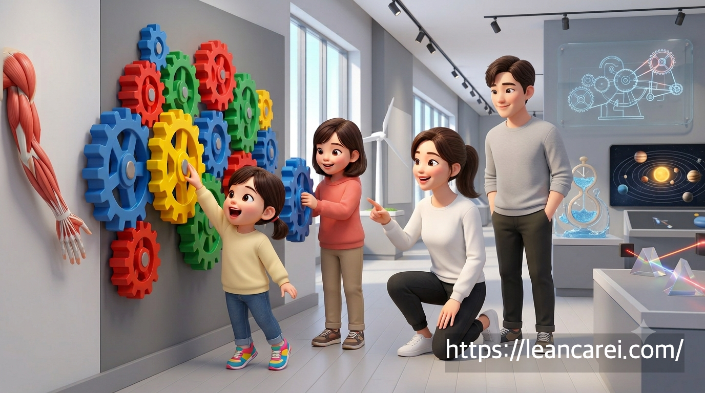 과학관 전시실에서 톱니바퀴 전시물을 돌려 보는 초등학생 자매와 부모