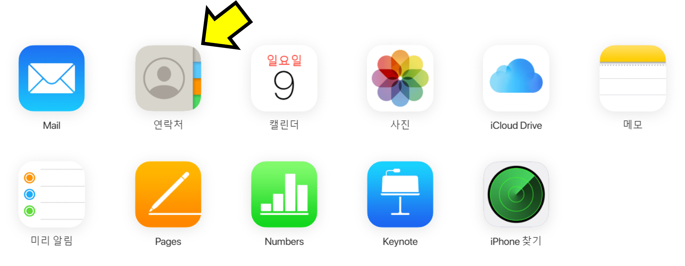 icloud.com에 접속해 로그인한 후 메인화면에 있는 연락처를 누르라는 그림