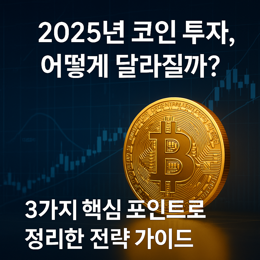 2025년 코인 시장의 변화를 주제로 한 비트코인 이미지와 전략 가이드를 강조한 이미지