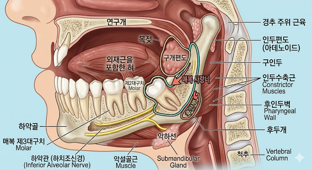 Medical illustration showing the anatomical proximity between the lower wisdom tooth and the throat/pharyngeal muscles.