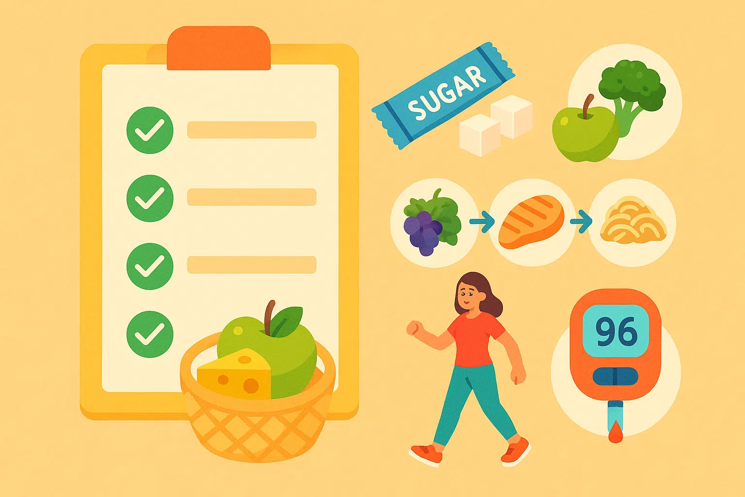 당 줄이기, 당지수 낮은 식품 선택, 채소 → 단백질 → 탄수화물 순 식사, 운동과 걷기, 정기적인 혈당 체크