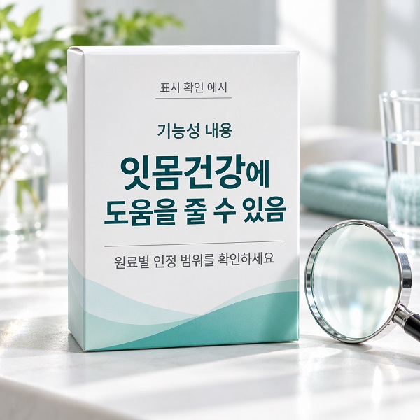 제품 표시에서 기능성 내용과 일일섭취량을 확인하는 장면
