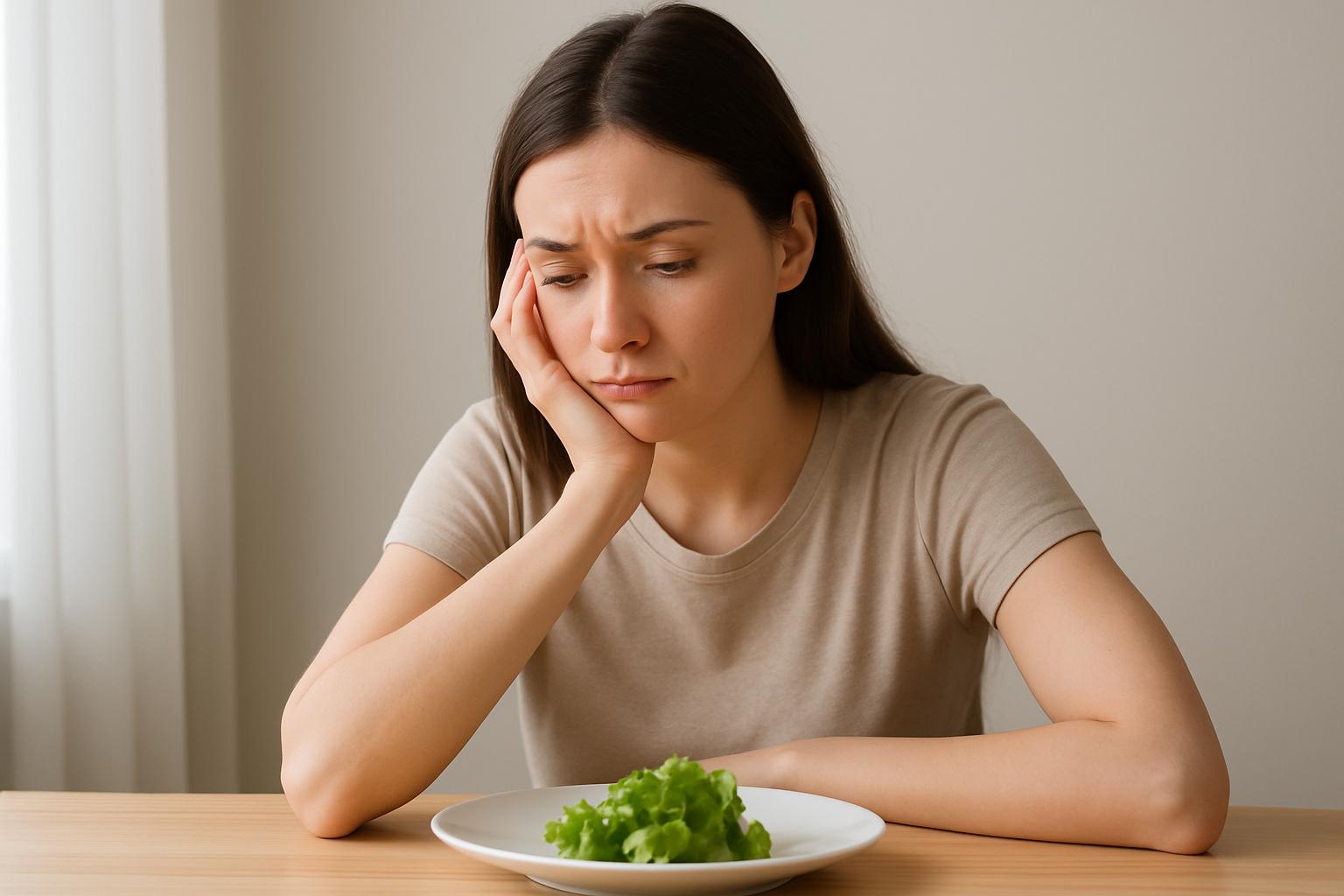굶는 다이어트에 지친 듯한 표정으로 상추만 담긴 접시를 바라보는 젊은 여성의 모습