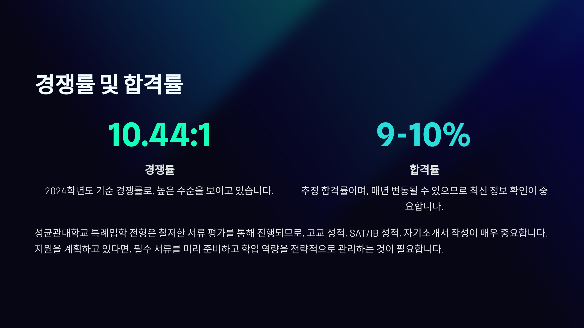 "성균관대학교 특례입학 경쟁률 및 합격률 분석 - 2024학년도 기준 경쟁률 10.44:1, 합격률 9~10% 추정, 최신 정보 확인 필요."