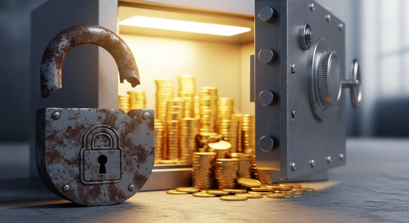 생활안정자금 대출의 한도 제한이 풀려 자물쇠가 열리고 금화가 쏟아지는 상징적인 이미지