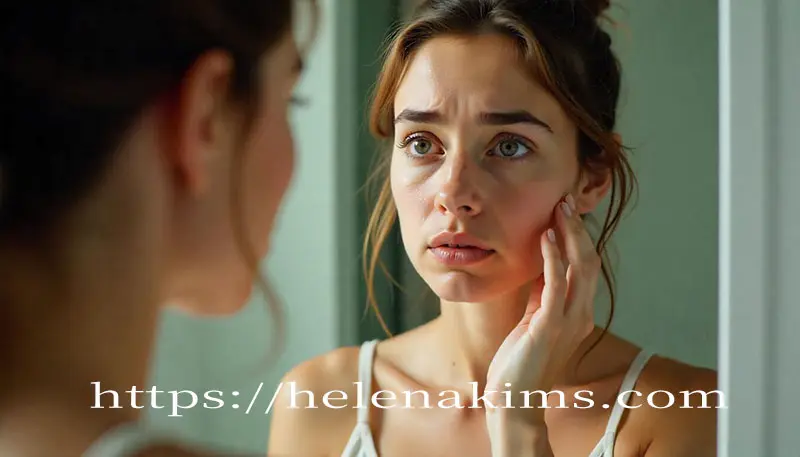 젊은 여성이 거울을 보며 기미와 색소 침착을 고민하고 있는 이미지.