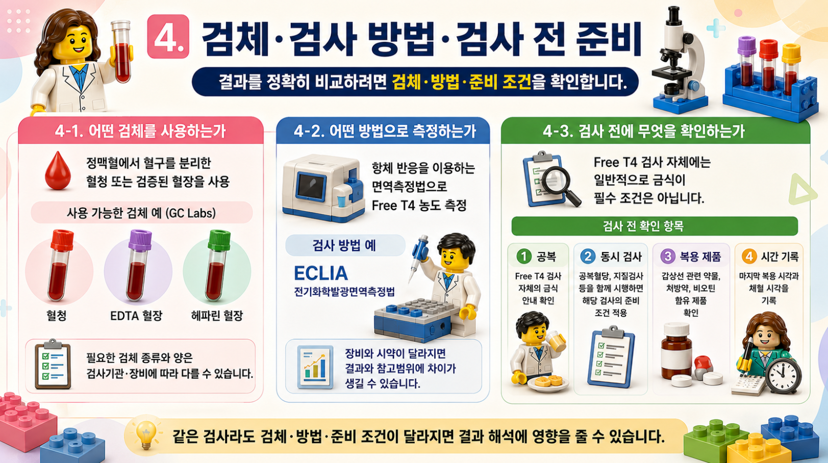 Free T4 검사의 검체 종류, 면역측정법, 검사 전 준비사항을 정리한 레고 스타일 인포그래픽