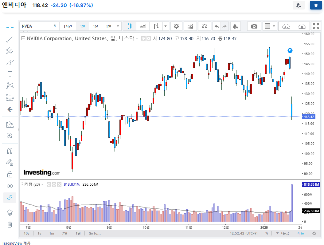 엔비디아 1월 27일 16.97%하락 마감