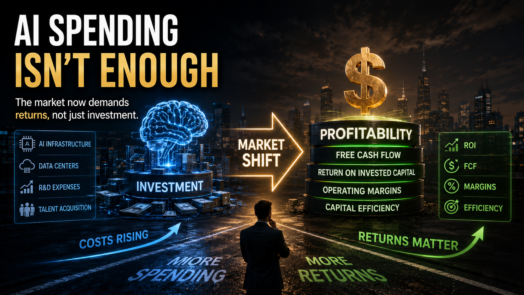 Infographic comparing AI investment with profitability, free cash flow, ROI, and capital efficiency in today's stock market.