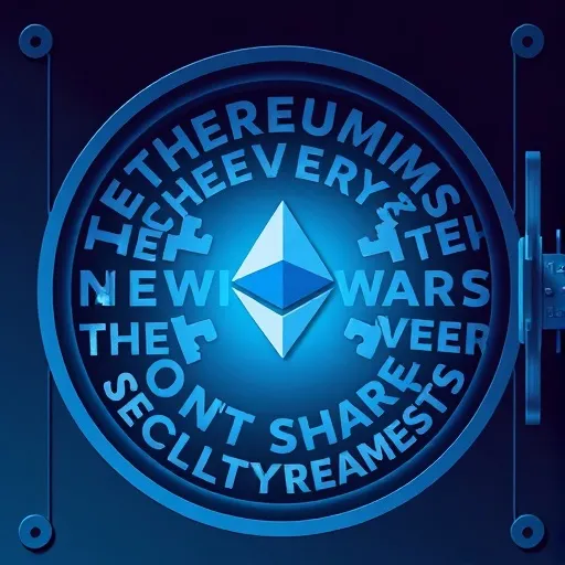 여러 단어로 이루어진 복구 문구(예: 12단어)가 퍼즐 조각처럼 모여 하나의 이더리움 지갑 아이콘을 완성하는 모습입니다. 각 단어는 열쇠 모양으로 디자인될 수도 있고, 안전하게 금고 속에 보관되는 듯한 연출을 더합니다. 'DON'T SHARE' 같은 경고 문구를 은은하게 배경에 배치하여 보안의식을 강조합니다.