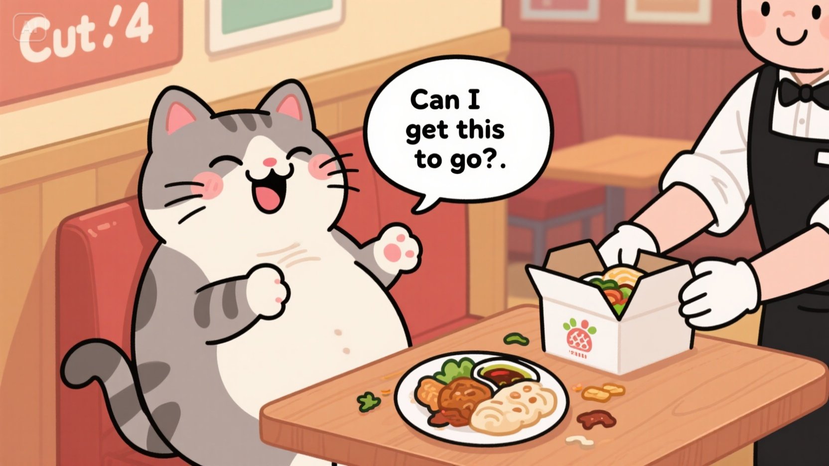 귀여운 고양이 캐릭터가 배부른 표정으로 남은 음식을 포장해 달라며 Can I get this to go? 라고 말하는 웹툰 장면