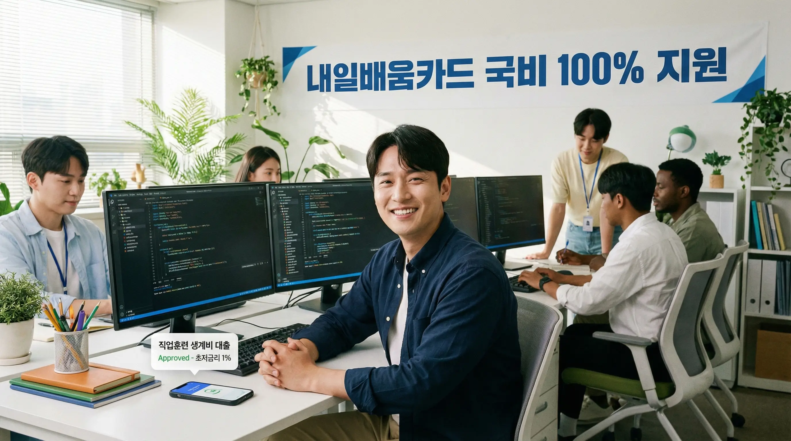 직업훈련 생계비 대출의 초저금리 혜택과 국비 지원 교육을 통해 취업을 준비하는 구직자의 긍정적인 모습