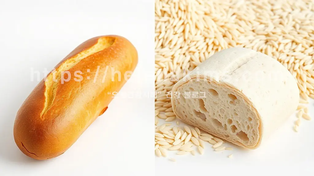 왼쪽은 밀가루 빵, 오른쪽에는 쌀 빵이 놓여 있는 이미지.
