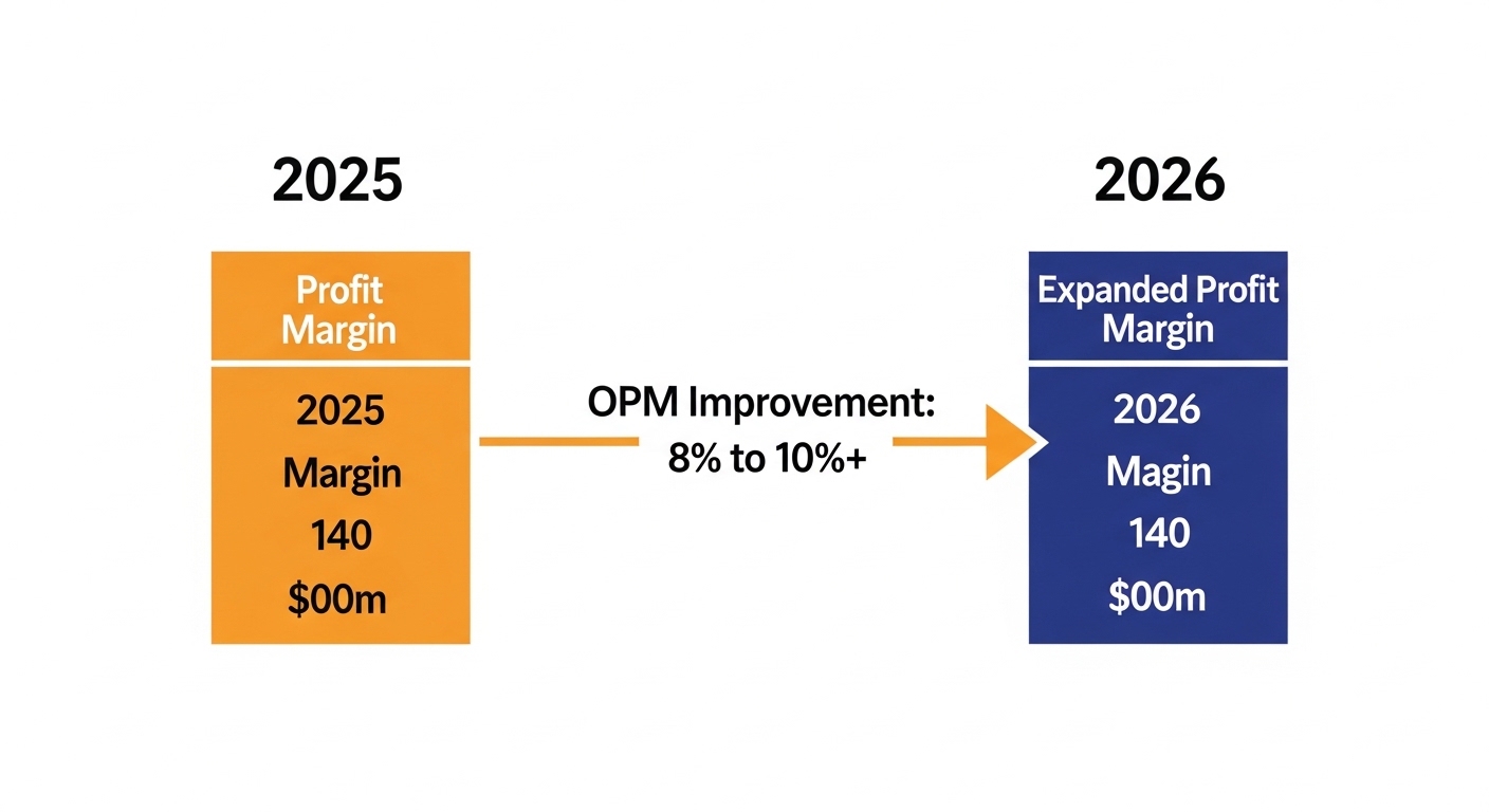 2026 earnings leverage effect infographic. Left column 2025 fixed cost baseline bar gray. Right column 2026 incremental revenue green bar stacking above same fixed cost showing larger profit margin expansion. OPM improvement 8% to 10%+ arrow. Silicon anode mix ratio 50% to 60% pie chart improving. Blue financial data clean design. English labels only.