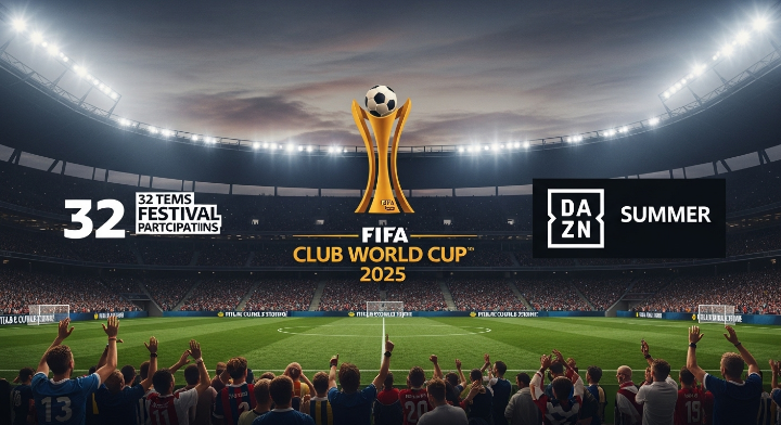 많은 관중들이 꼭차있는 축구장 이미지를 배경으로 하여 좌측에는 참가팀이 32개팀이라는 숫자가 있고 오른쪽에는 다즌이라는 회사에서 중계방송를 볼 수 있다는 의미로 로고가 있습니다. 가운데는 이번 우승팀에게 돌아갈 트로피를 보여주고 있습니다.