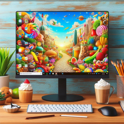 다채로운 캔디와 달콤한 풍경이 그려진 모니터 화면