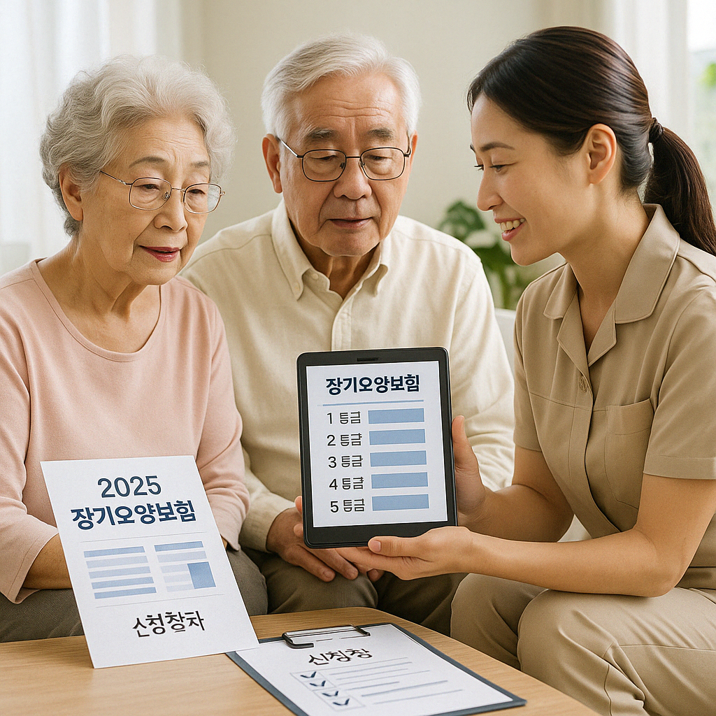 장기요양보험 등급별 신청 절차를 설명받는 노부부와 요양 상담사