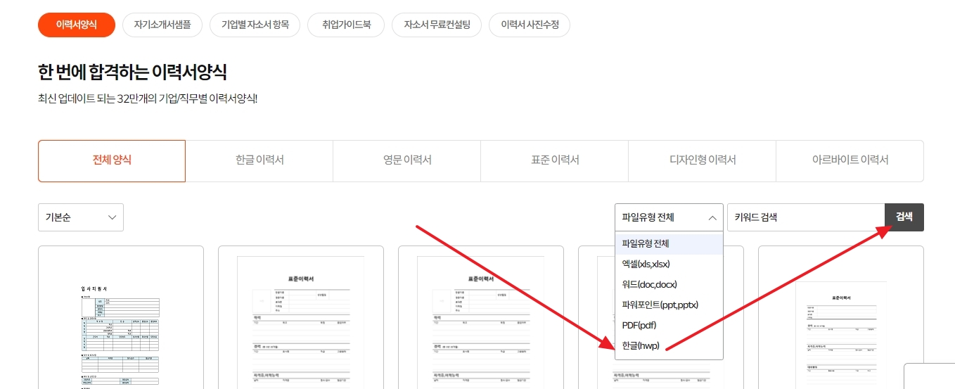 파일 유형 설정 후 검색 버튼 클릭