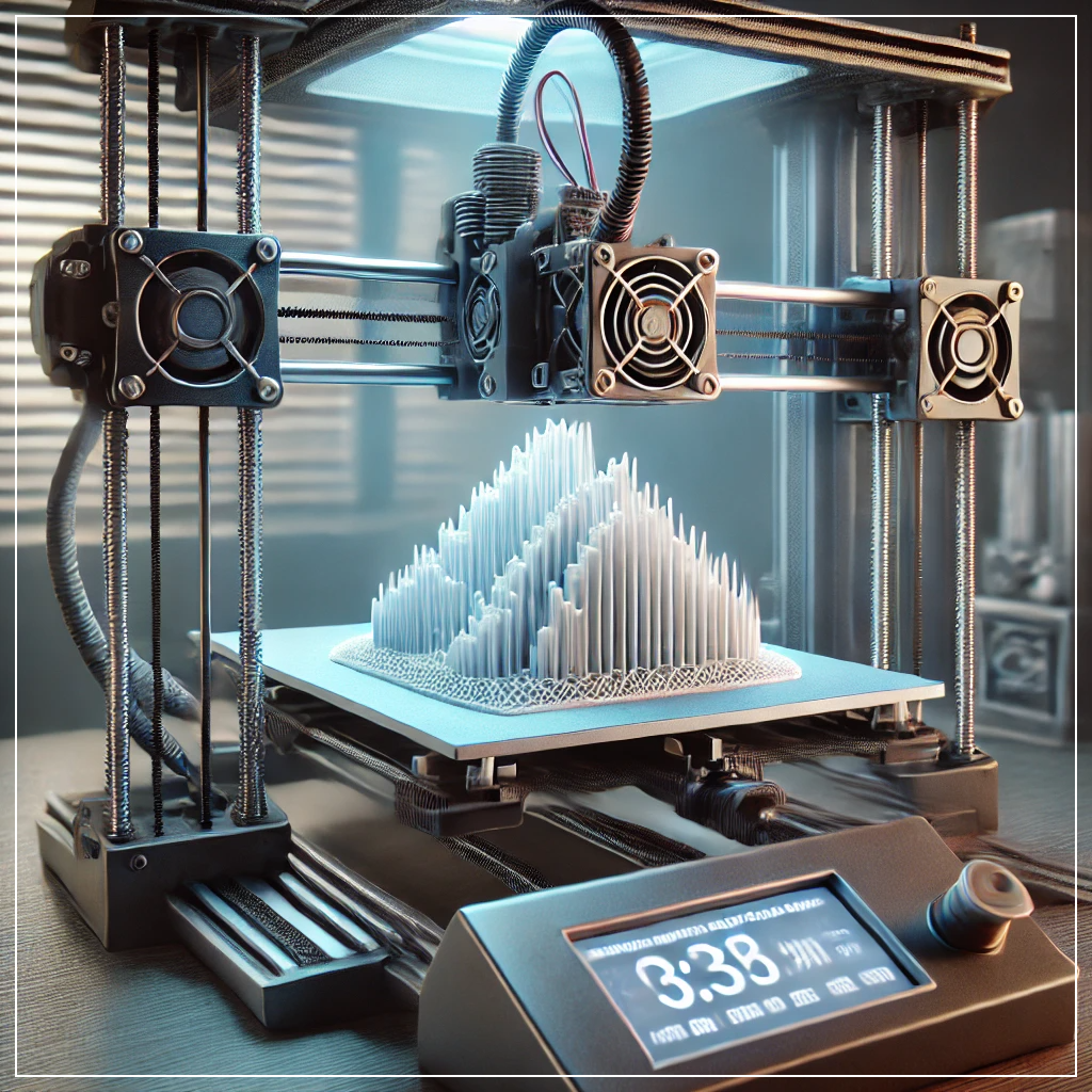 3D 프린터가 필라멘트를 사용하여 정밀한 물체를 층층이 출력하는 모습