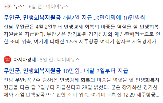 2025 무안군 민생회복지원금 : 관련 뉴스 기사들