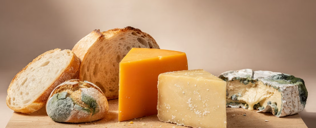 단단한 치즈(체다, 파르미지아노)와 곰팡이 핀 부드러운 음식들의 비교 사진
