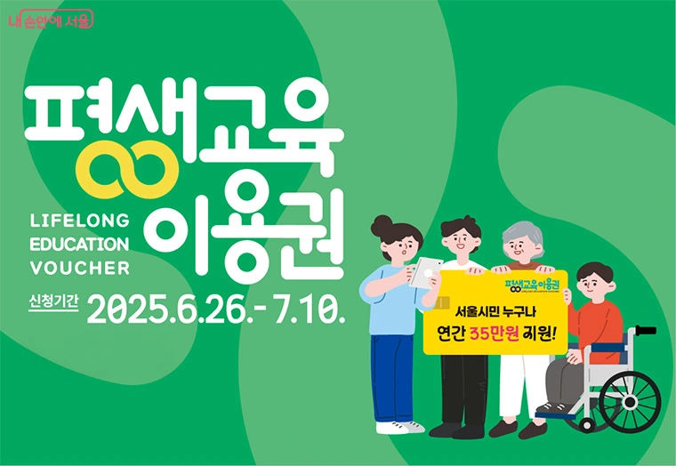 2025 서울시 평생교육이용권 홍보 이미지, 다양한 연령대의 사람들이 함께 배우고 성장하는 모습