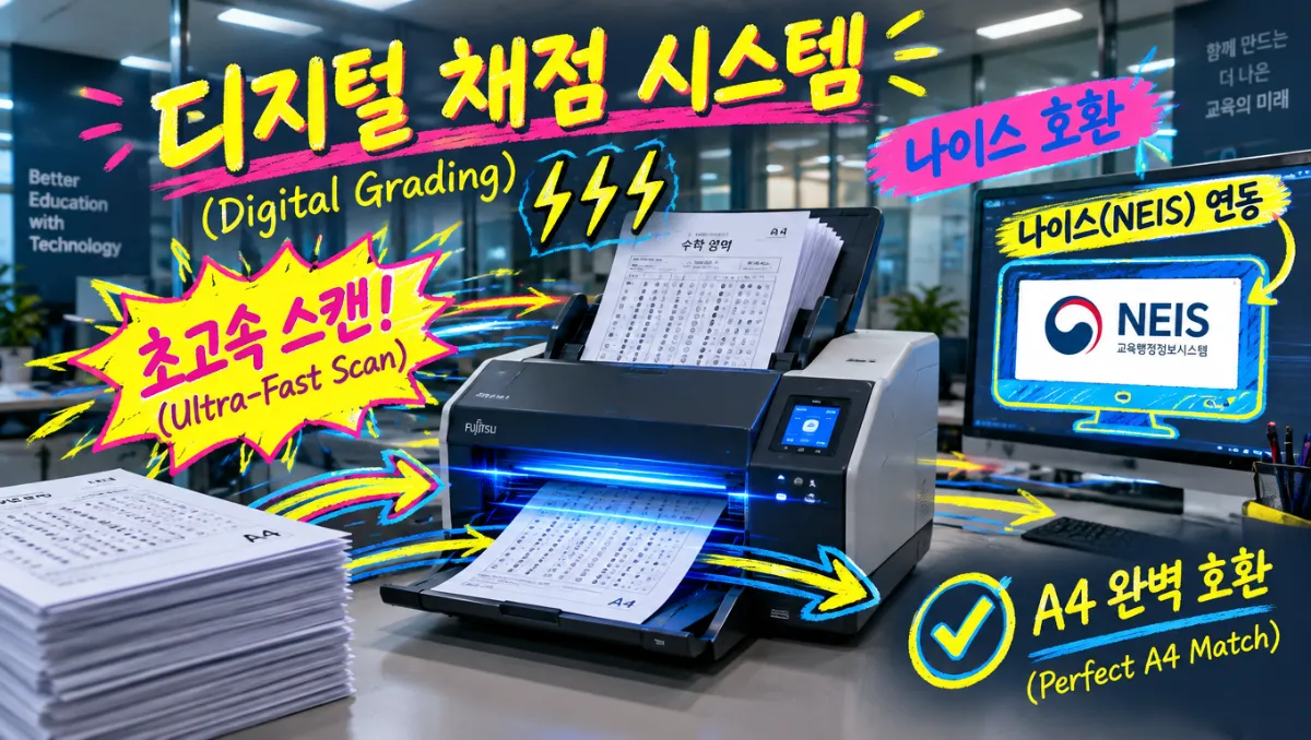 A4 규격 시험지를 고속으로 판독하는 디지털 광학 스캐너 ADF 시스템, 나이스(NEIS) 연동을 강조하는 네온 낙서