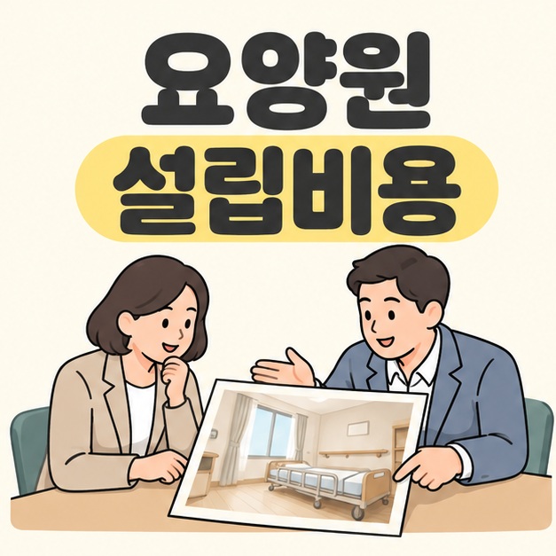 요양원 설립비용 제목 아래 두 사람이 침대와 벽 손잡이가 있는 시설 내부 사진을 함께 살펴보는 모습