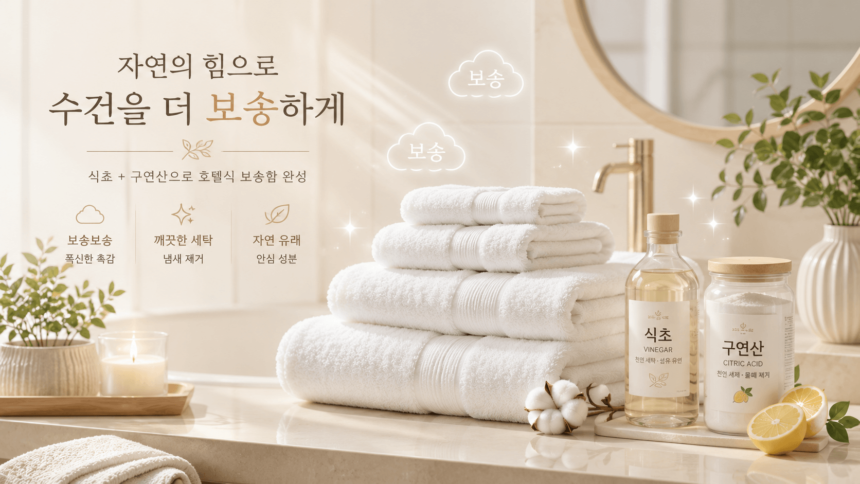 부드럽고 따뜻한 베이지나 화이트 톤의 욕실을 배경으로, 깨끗하고 두툼하게 개어놓은 호텔식 수건 더미와 그 옆에 천연 재료인 '식초'와 '구연산' 병이 감성적인 일러스트