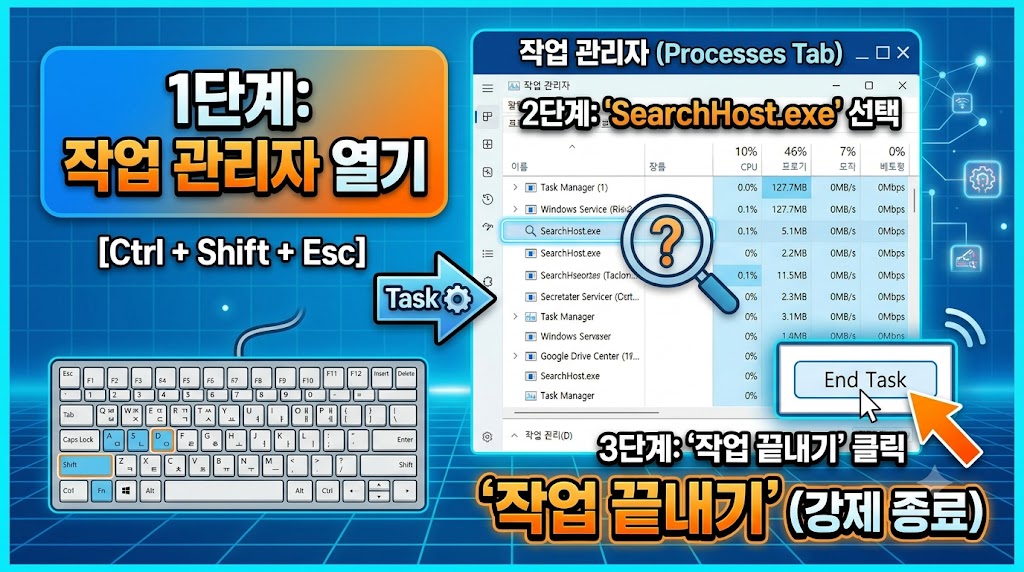 작업 관리자 세부 정보 탭에서 SearchHost.exe 프로세스를 찾아 작업 끝내기를 진행하는 과정