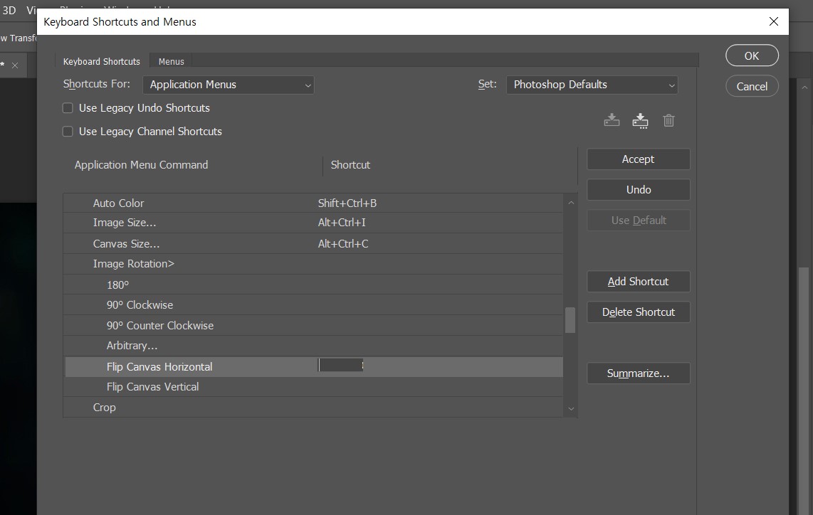 포토샵 Flip Canvas Horizontal 란에 단축키 설정하기