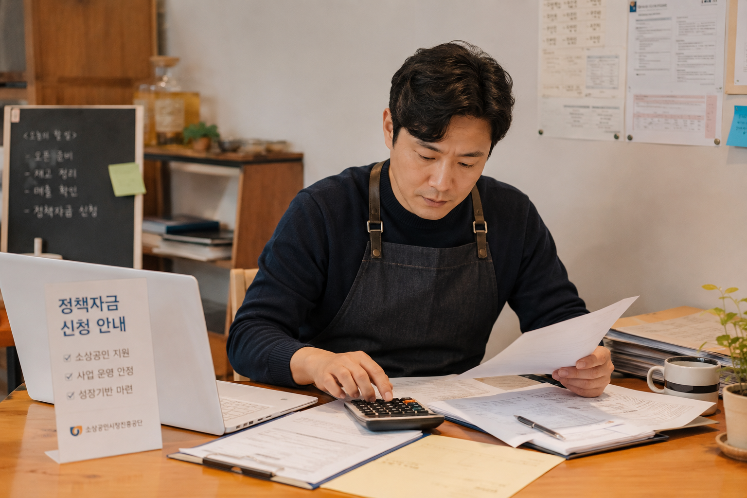 한국 자영업자가 사무실에서 계산기와 서류를 확인하며 정책자금 신청을 준비하는 모습, 따뜻한 분위기의 현실적인 블로그 이미지