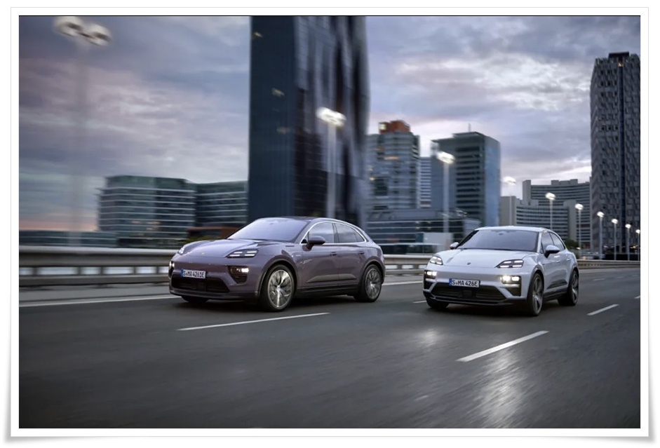 도심을 주행 중인 포르쉐 마칸 컴팩트 럭셔리 SUV