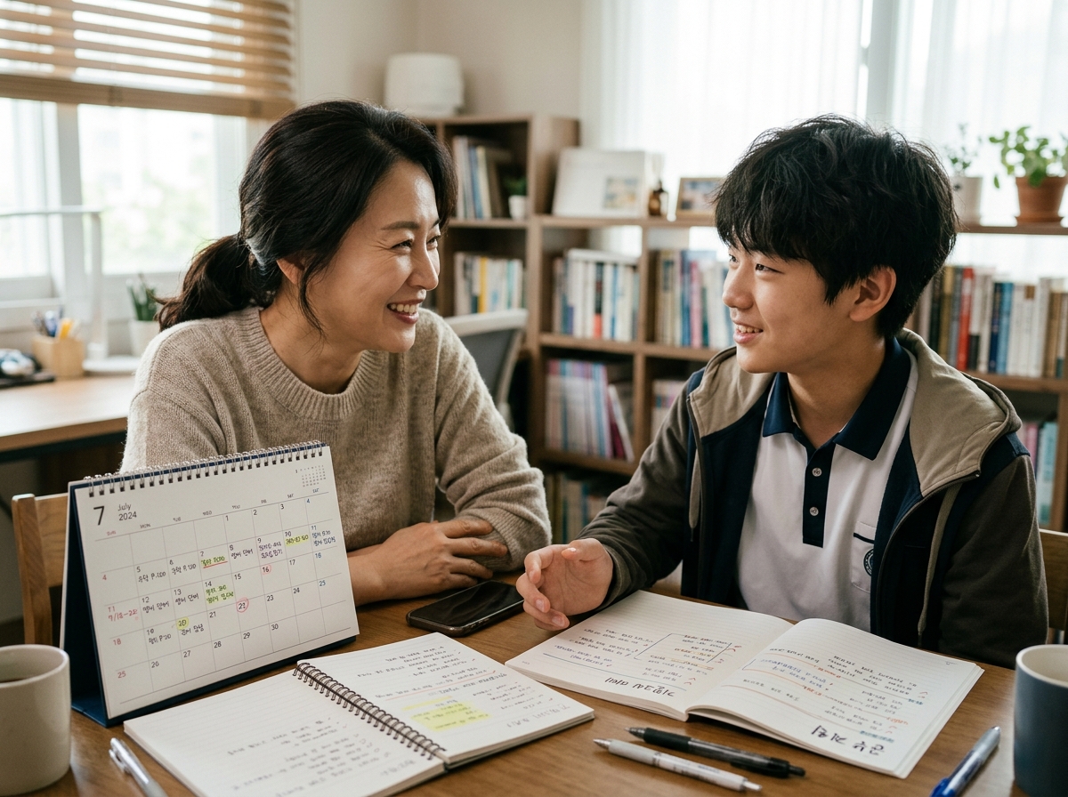 학부모와 자녀가 자기 주도 학습 습관에 대해 대화하는 모습