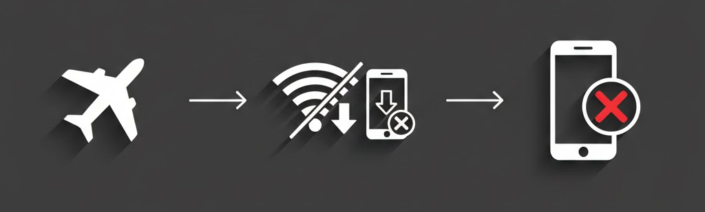 비행기 모드 상태에서 메시지 확인 후 앱을 강제 종료하는 과정을 상징적으로 표현한 이미지