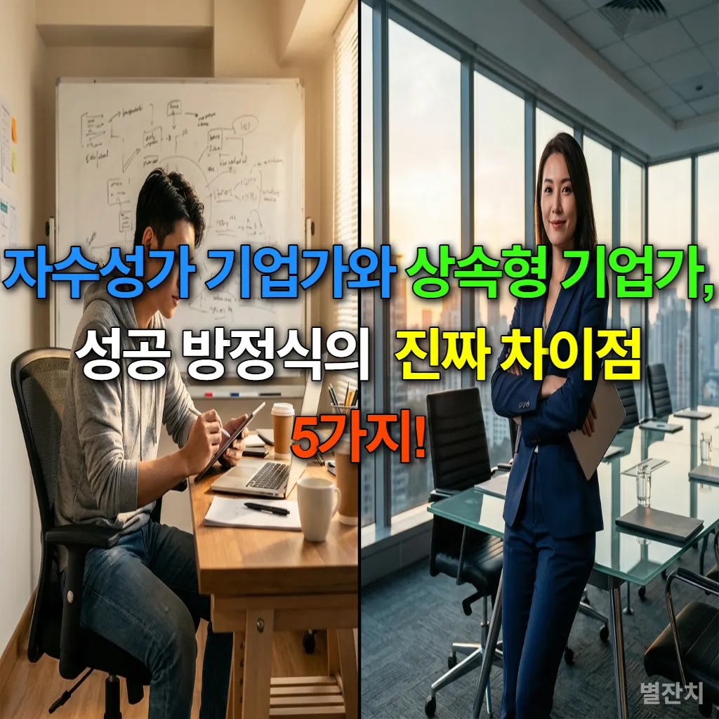 자수성가 기업가와 상속형 기업가의 성공 방정식 차이를 보여주는 이미지