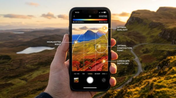 Visualizing a smartphone screen displaying a 3D depth map of a landscape, with AI markers identifying optimal light sources and golden ratio grids overlapping the real-time view.
