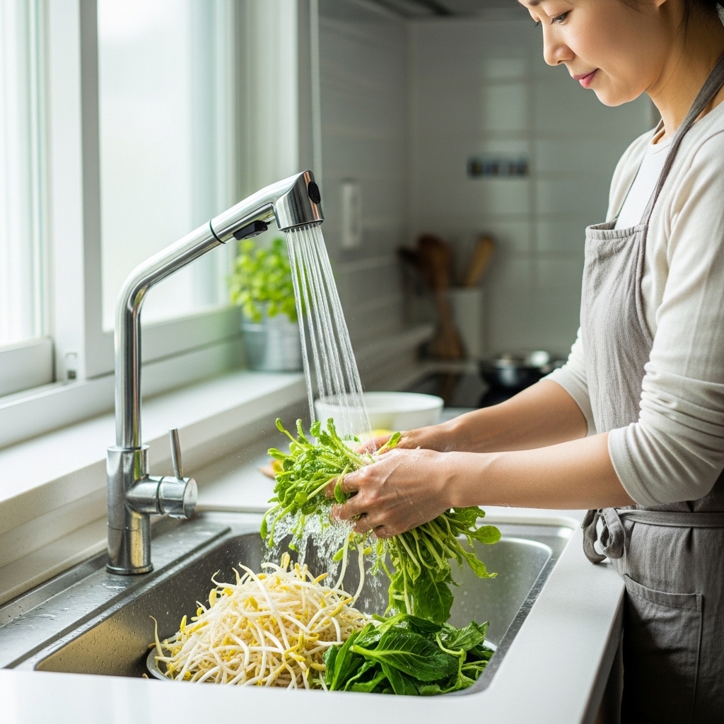 새싹채소를 꼼꼼하게 세척하는 한국인 여성