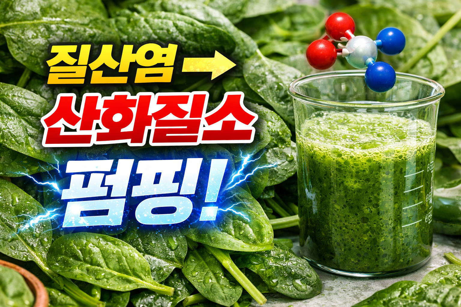 시금치 질산염이 산화질소로 전환되어 펌핑감에 도움을 주는 과정을 시각화한 이미지