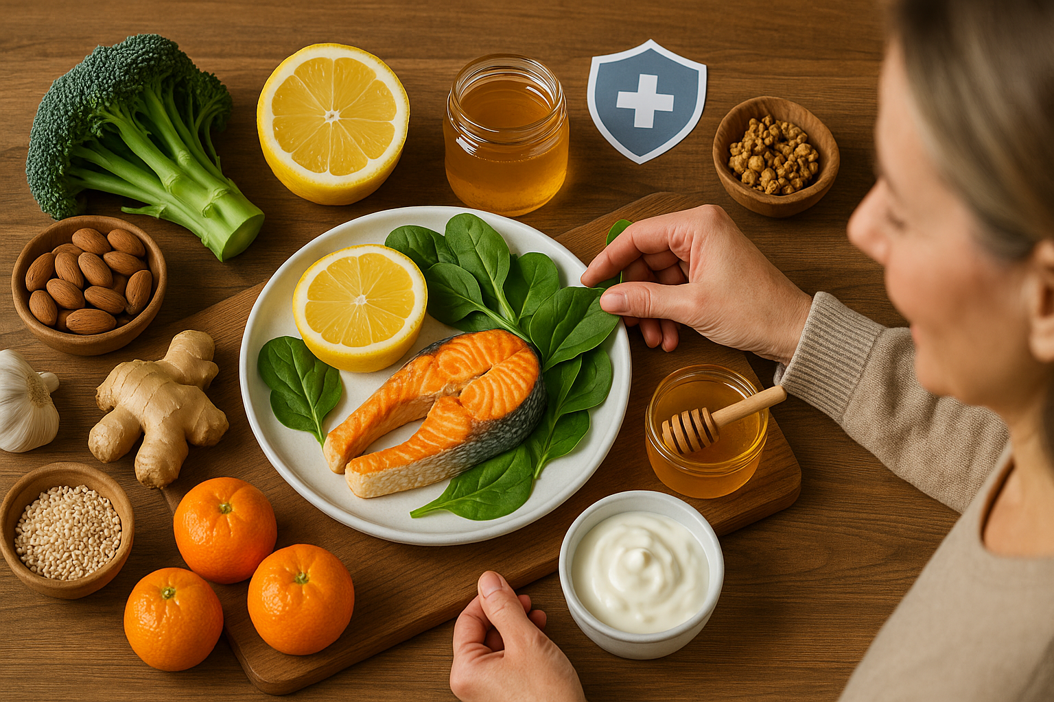 면역력 향상을 위한 신선한 건강 식재료가 조화롭게 구성된 식단 이미지