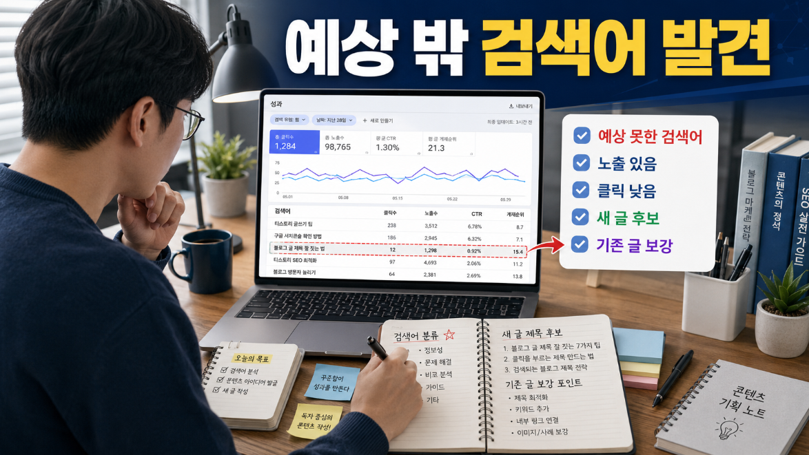 티스토리 블로거가 구글 서치 콘솔에서 예상하지 못한 유입 검색어를 찾아 새 글 후보로 분류하는 이미지