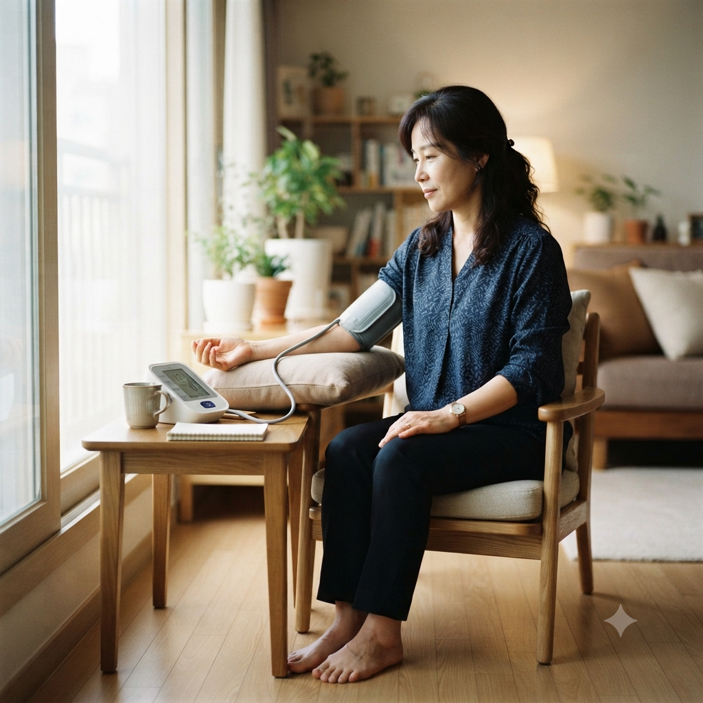 아침에 일어난 뒤 혈압계를 사용해 혈압을 측정하는 중년 성인