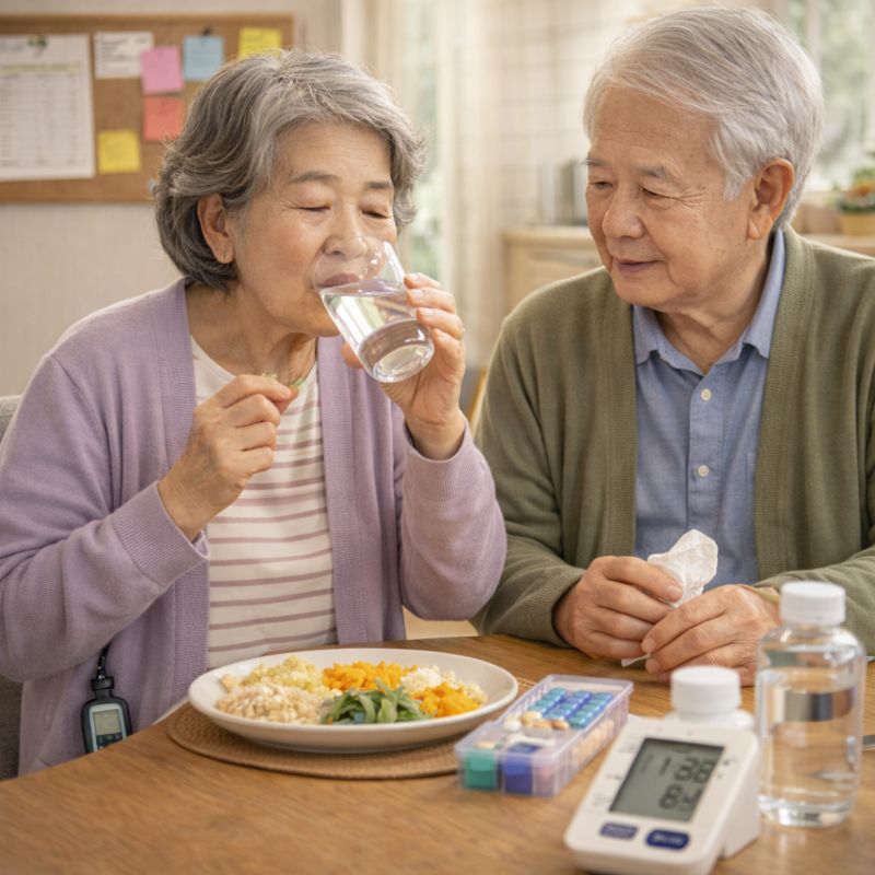 치매 환자가 보호자의 도움을 받으며 식사 후 물과 약을 복용하는 모습