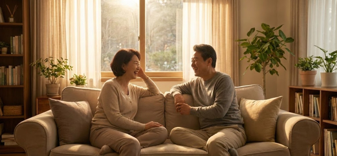 따뜻한 햇살이 비치는 거실에서 평온하게 웃으며 대화하는 중장년 부부